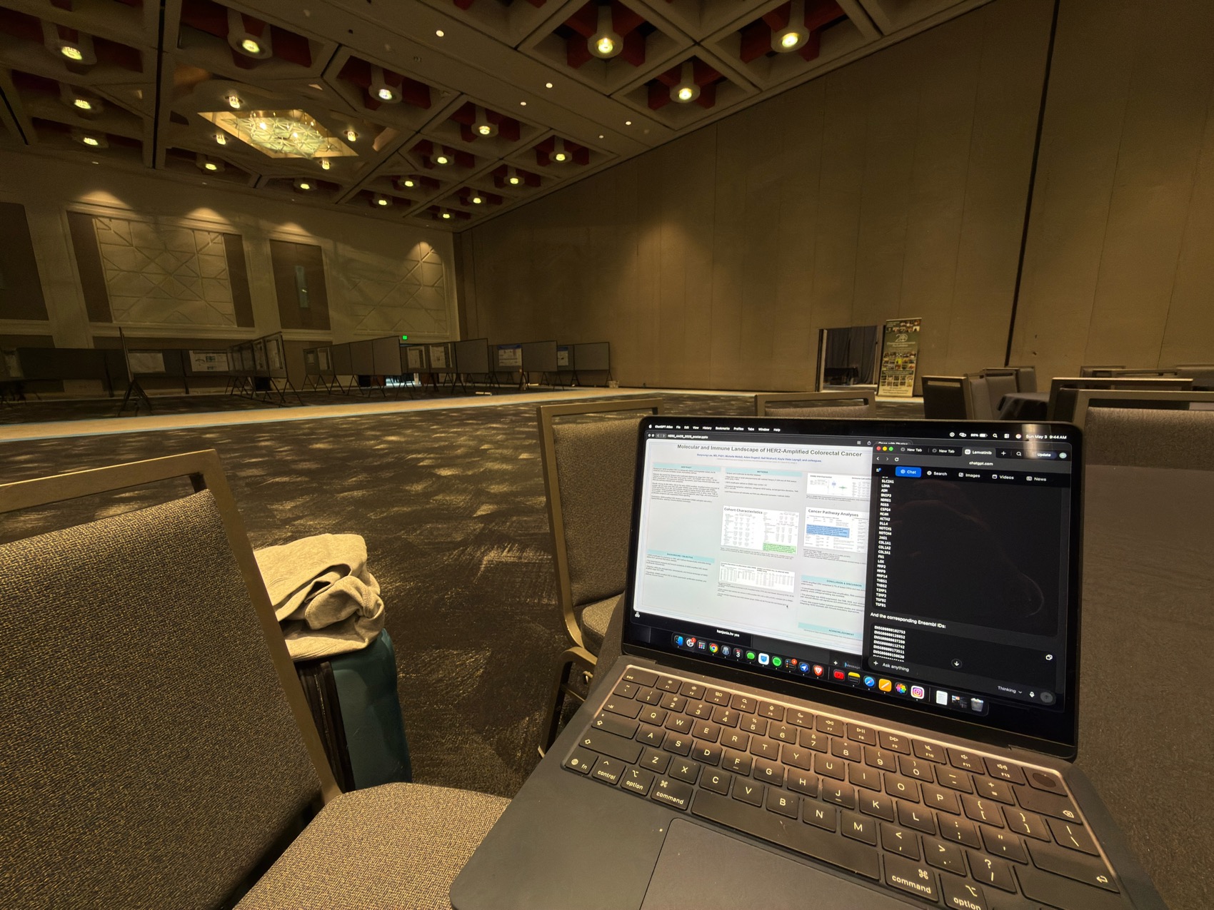 Sean working on his analysis on a laptop in a conference hall.