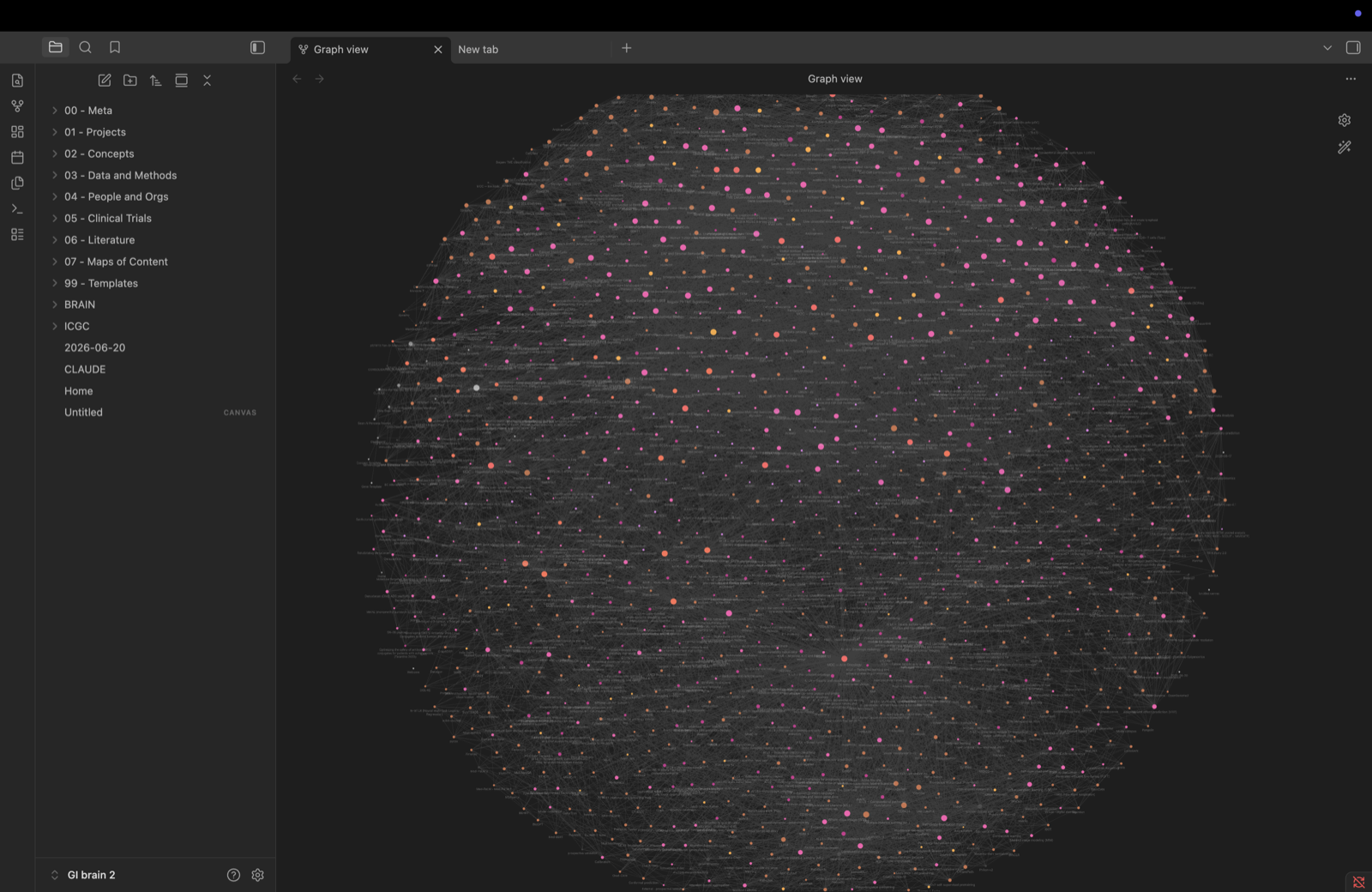 Graph view of Sean's research vault — hundreds of interlinked notes on GI oncology, genomics, and drug development.